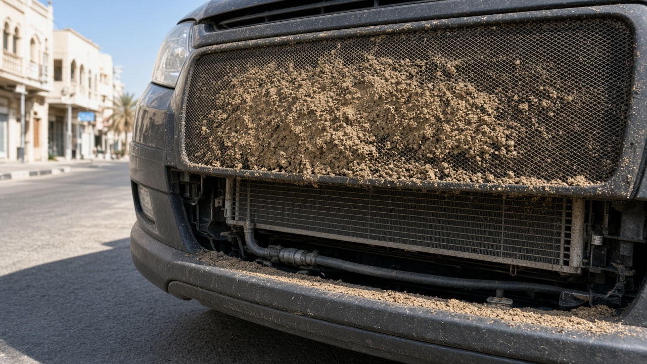 Car condenser fins packed with sand behind the front grille