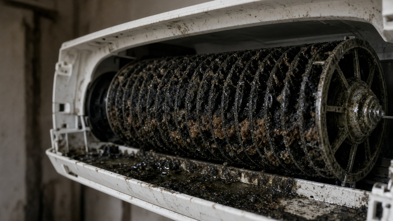 Grey dust felt covering the inlet face of a split evaporator behind a clean filter