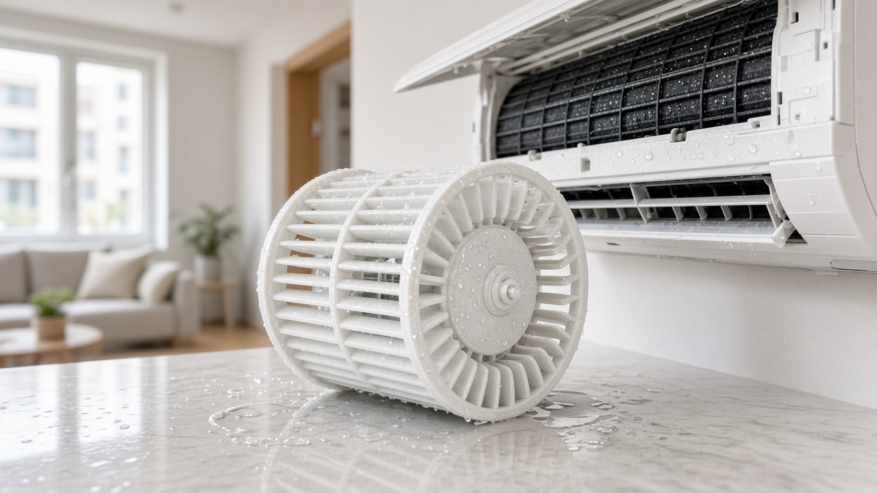 Foaming evaporator cleaner lifting grey dirt from split coil fins into the drain pan