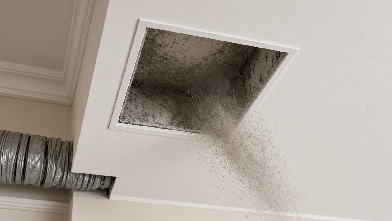 Gypsum dust and insulation fibres entering through gaps in an unsealed ceiling return box