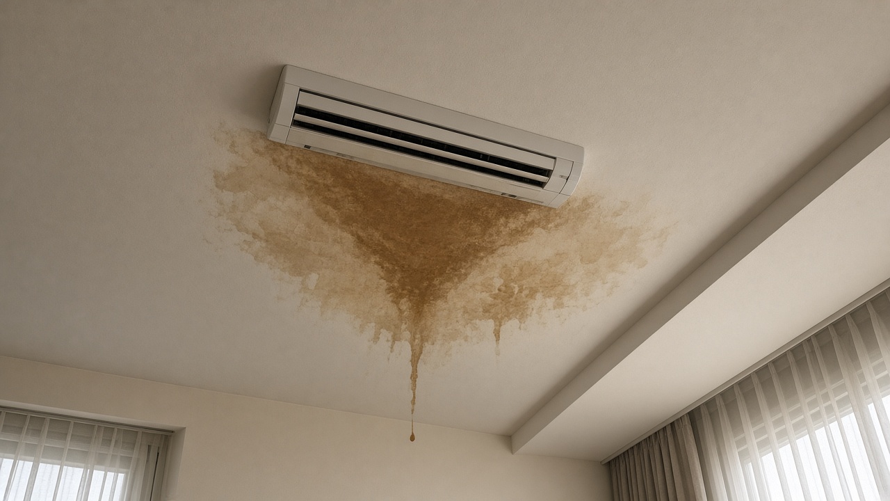 Discoloured outdoor AC isolator on a Sharjah balcony wall at night