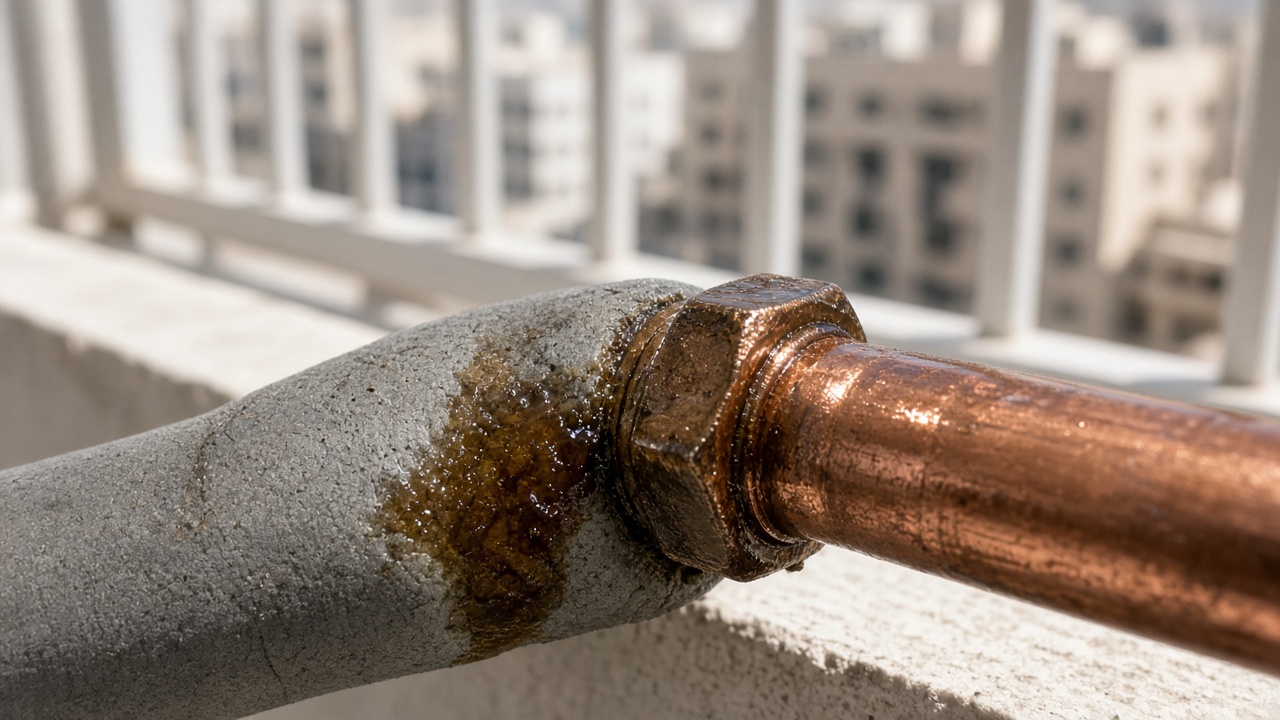 Oil stain under the insulation and soap bubbles forming at an indoor split flare nut