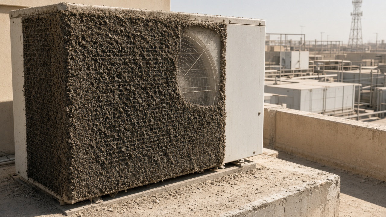Black dust packed into an Industrial Area outdoor condenser coil
