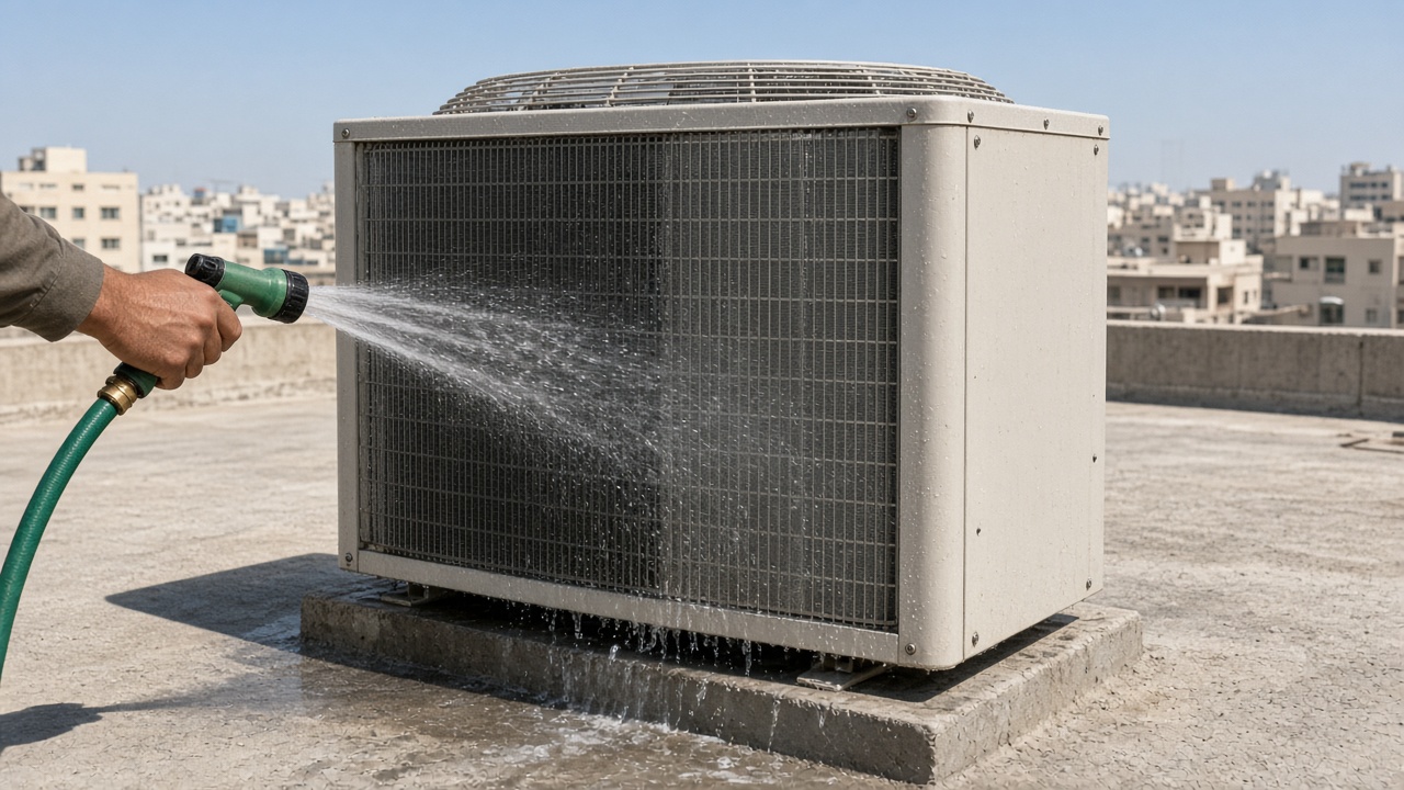Condenser coil washed from the fan side so dust leaves the fins