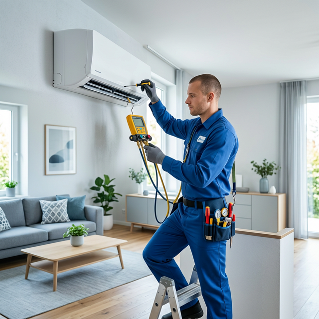 Professional AC technician servicing a split AC unit in Sharjah