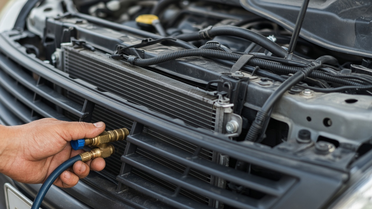 Car AC condenser inspected in the engine bay