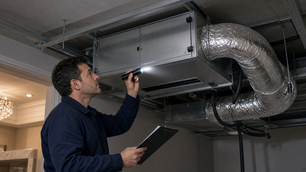Technician inspecting a ducted air handler in a ceiling void