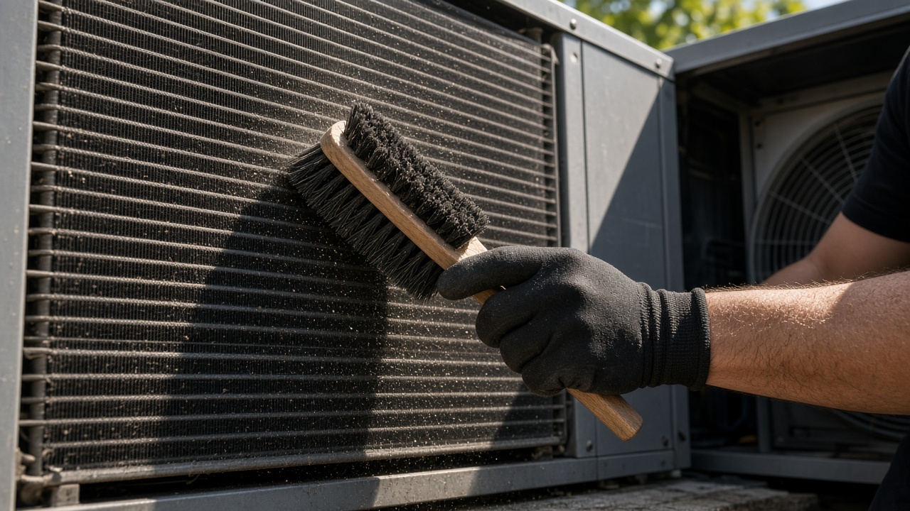 Outdoor AC condenser coil being brushed clean