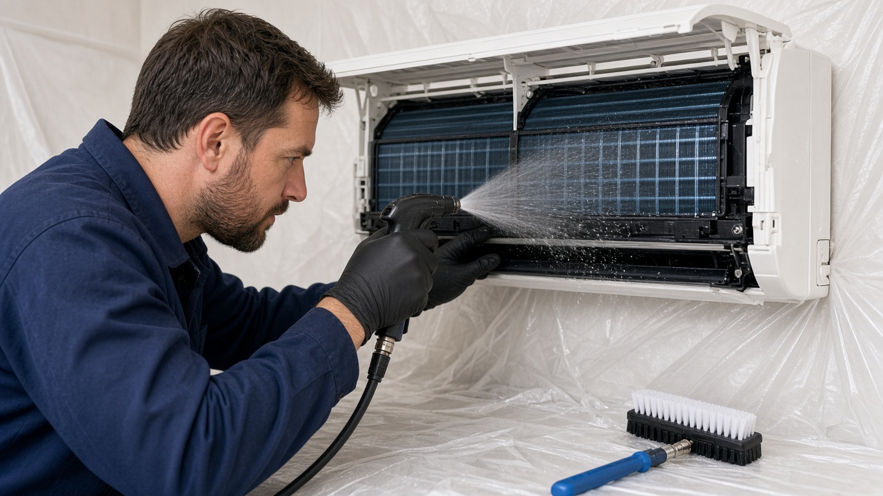 Technician washing a split AC evaporator coil
