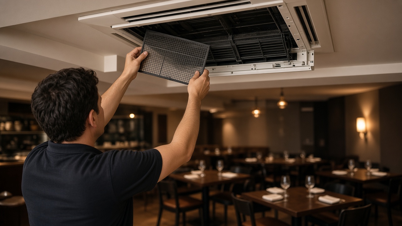 Ceiling cassette being cleaned in a commercial dining room
