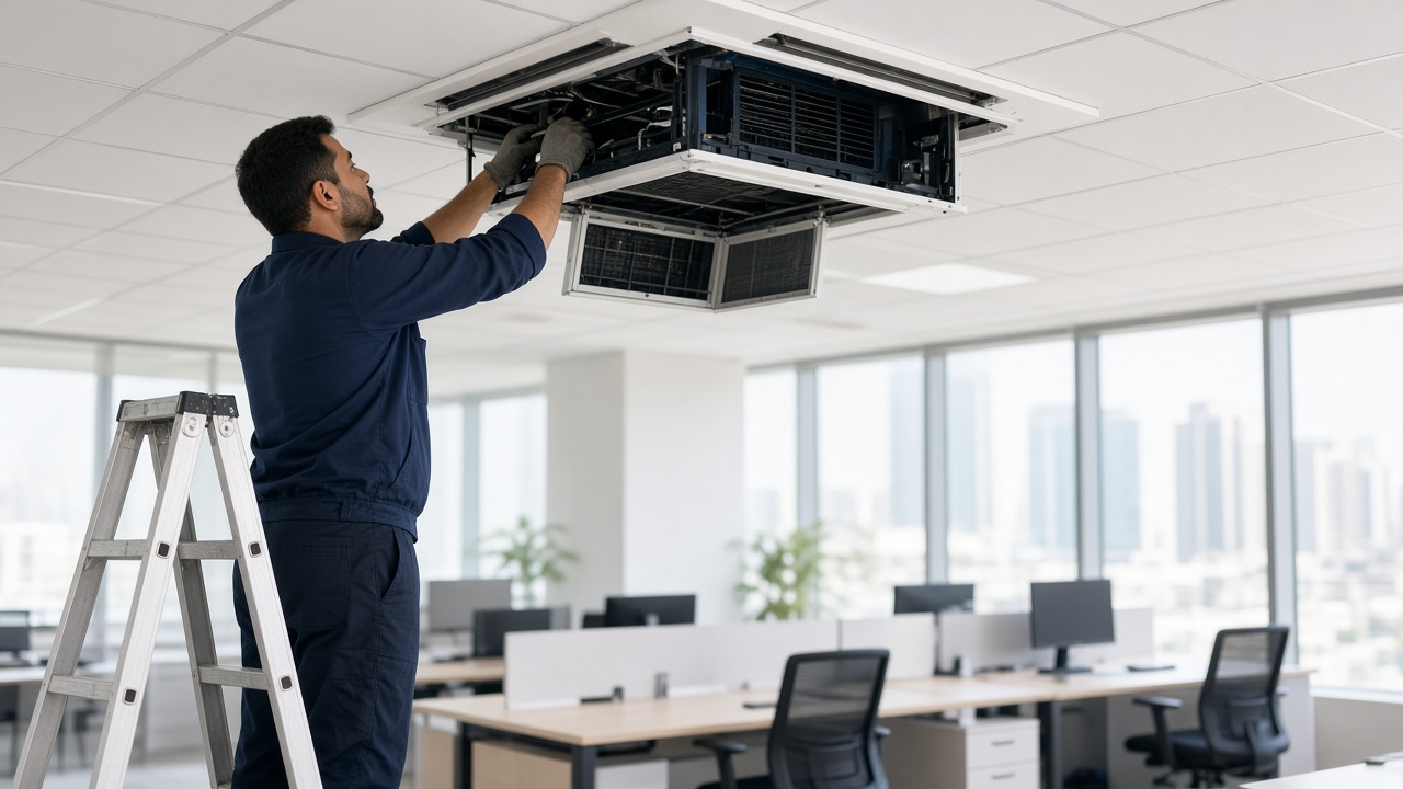 Technician servicing a ceiling cassette air conditioner in an office