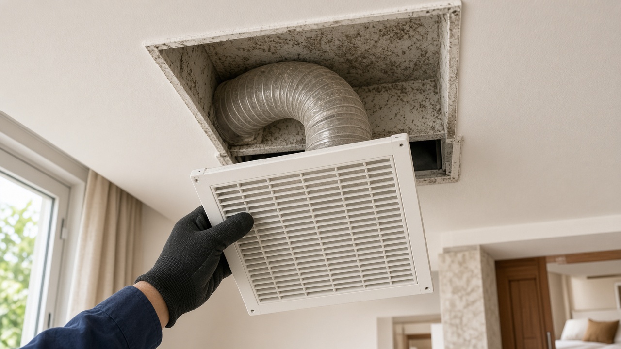 Dust at an air conditioning duct opening after the grille is removed