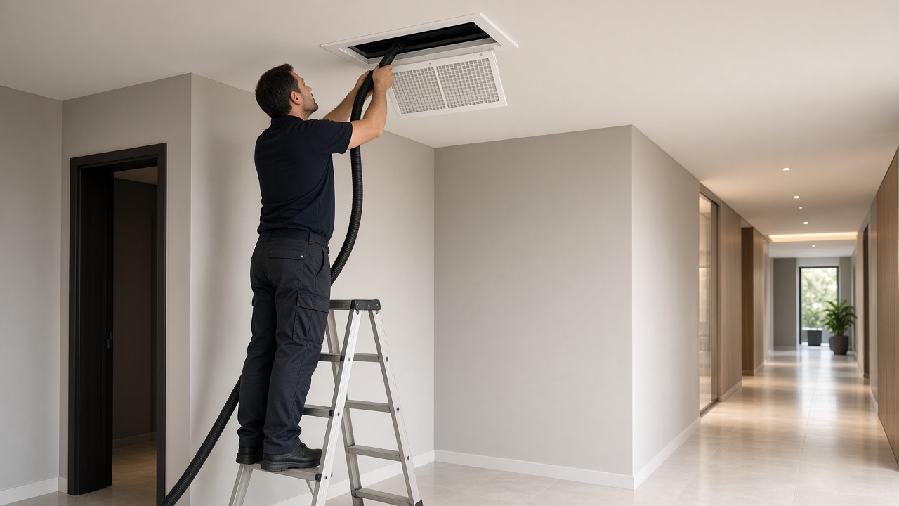 Technician cleaning a ceiling air supply vent in a villa