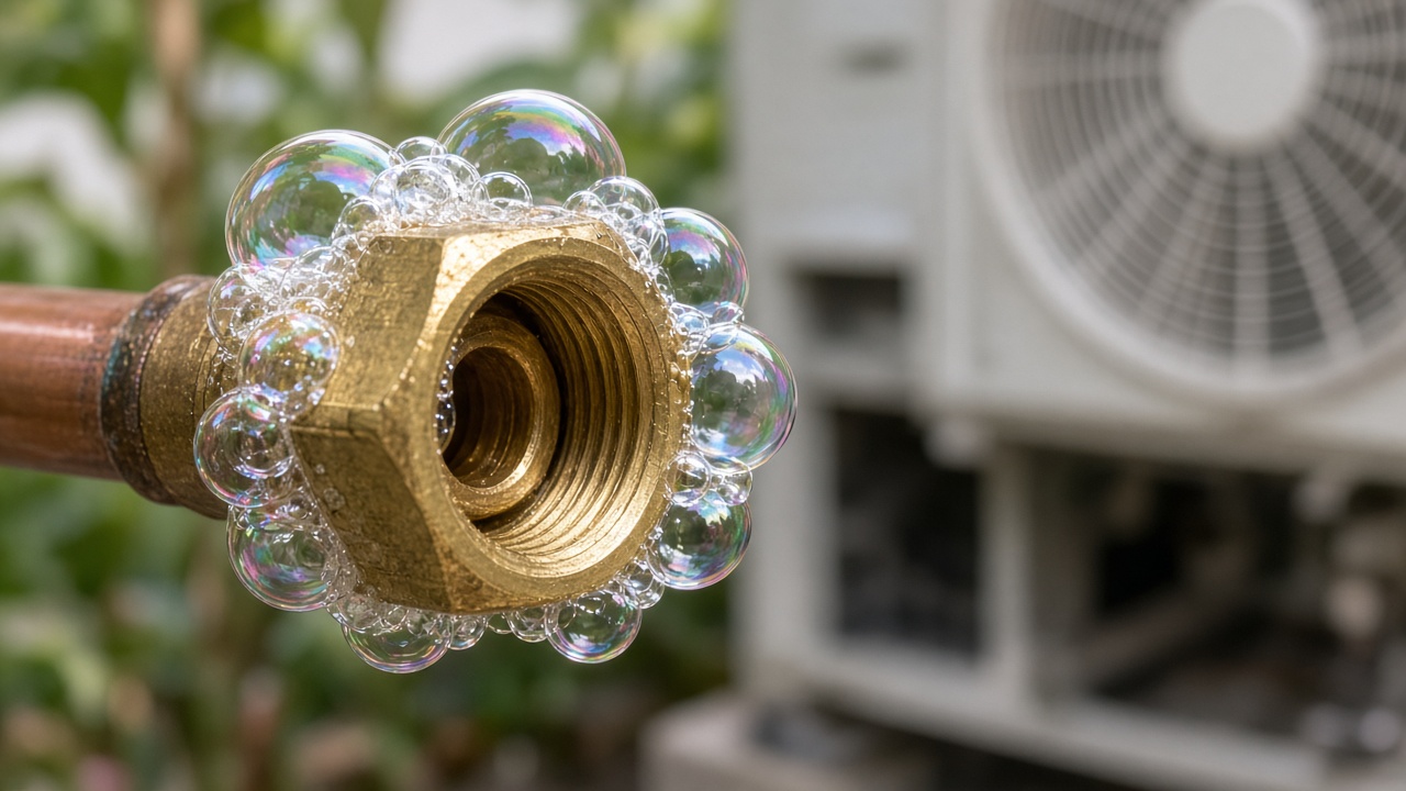 Soap bubbles on an AC flare nut during a leak test