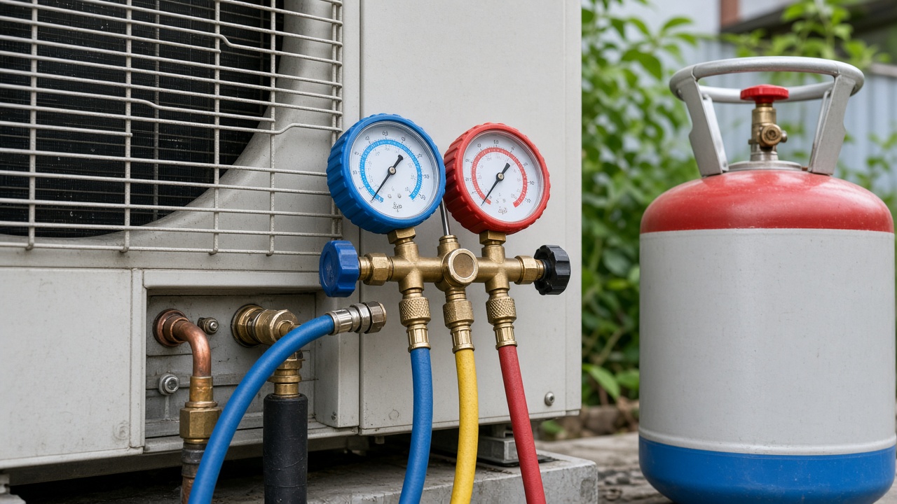 Manifold gauges connected to an outdoor AC unit for a refrigerant check