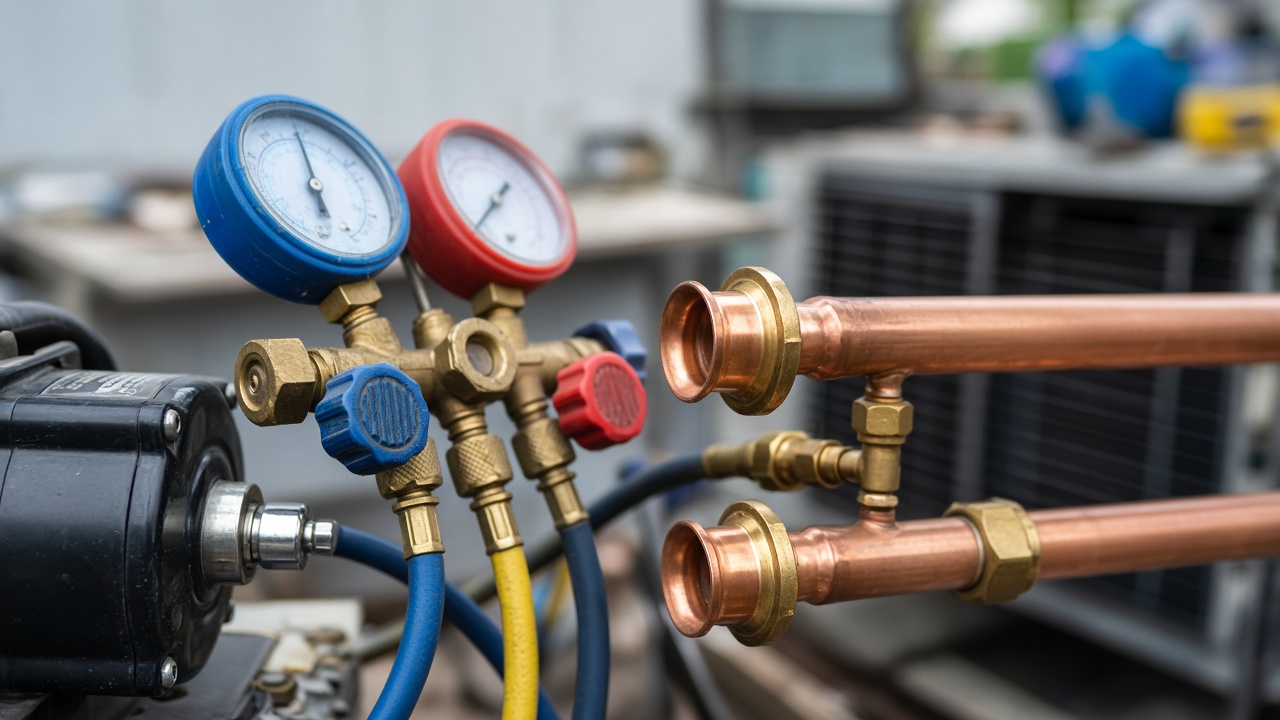 Vacuum pump and gauges on copper AC pipes during installation