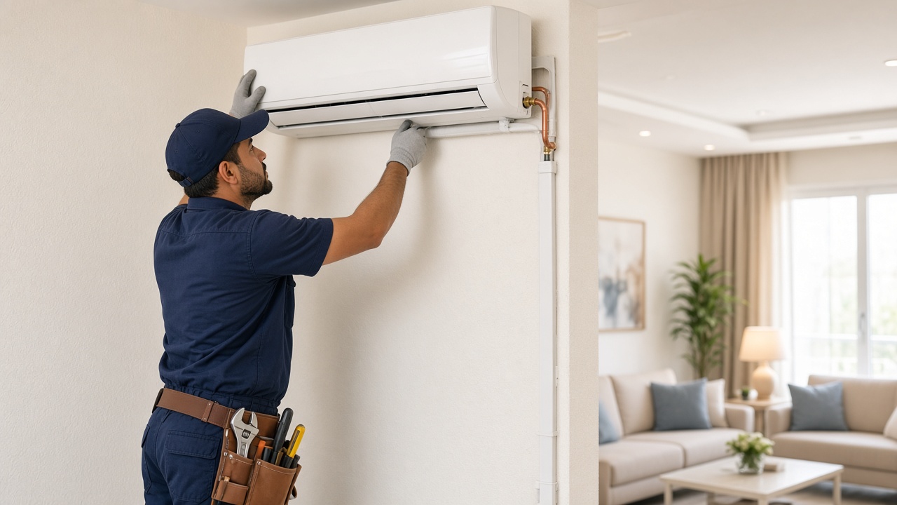 Technician mounting a wall-split air conditioner in a Sharjah villa