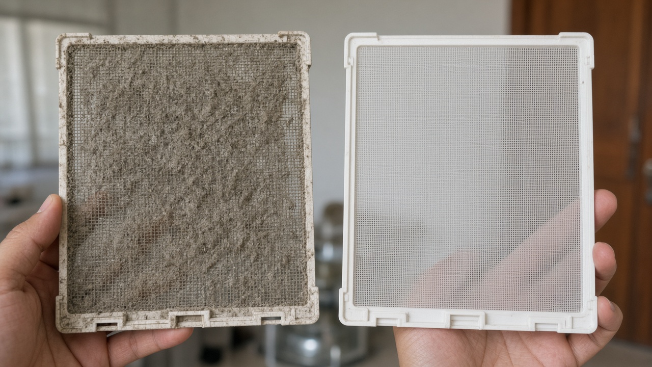 Dust-clogged AC filter beside a clean filter