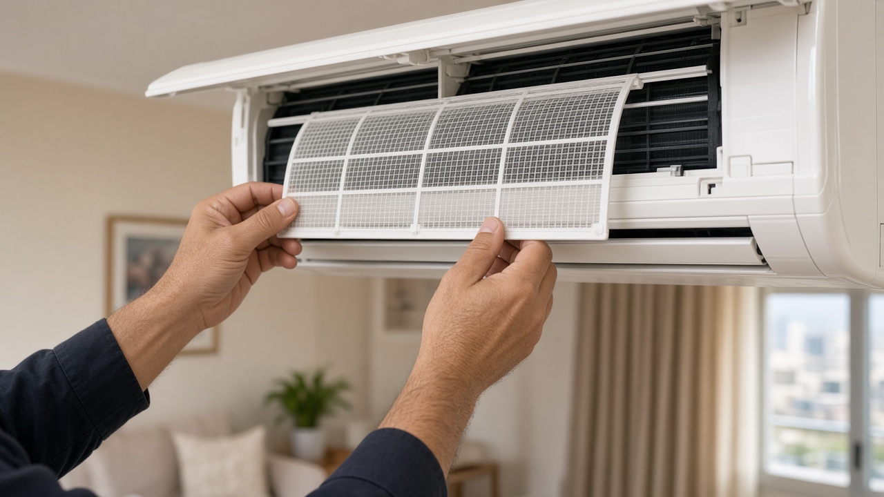 Clean air conditioner filter being fitted into a split unit