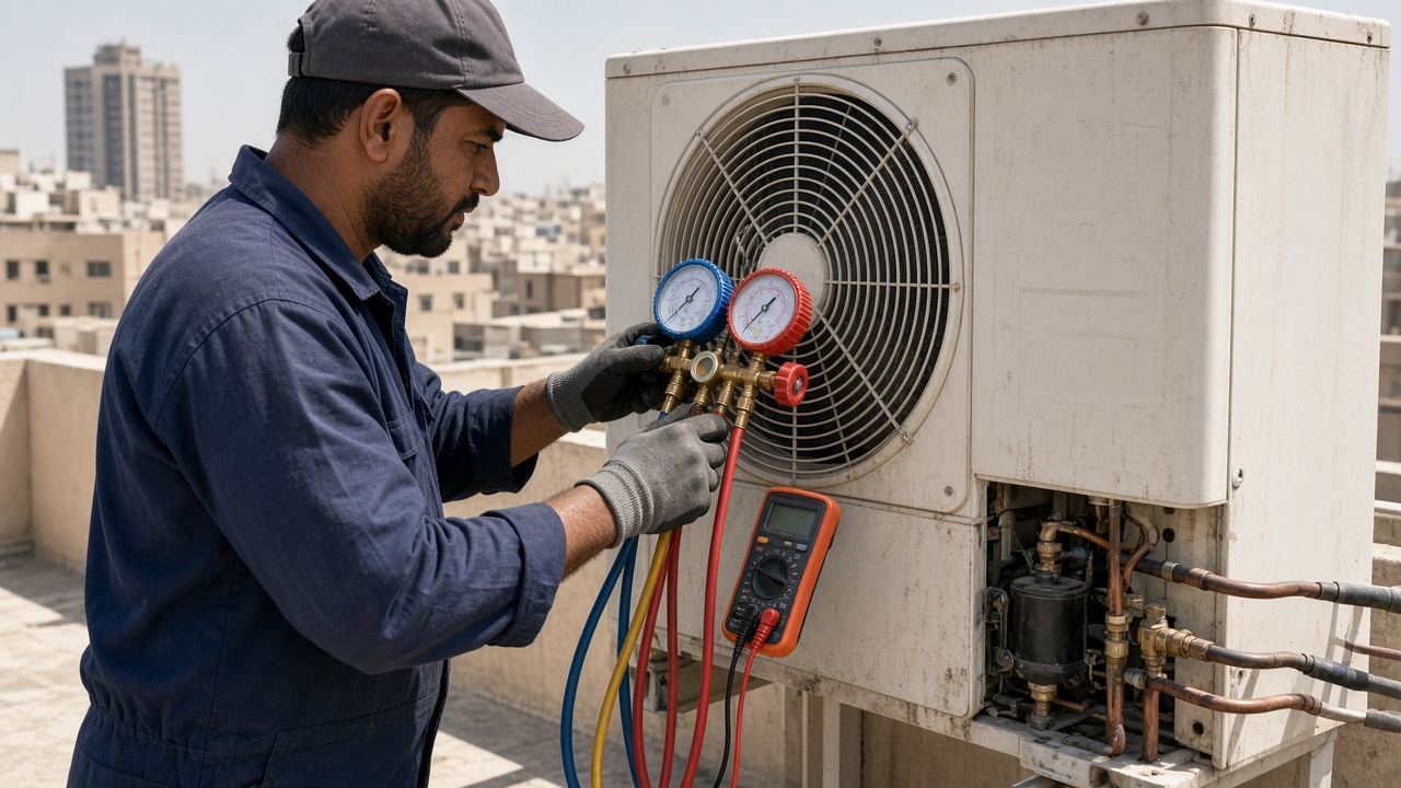 Technician checking pressure gauges on an outdoor AC unit in Sharjah
