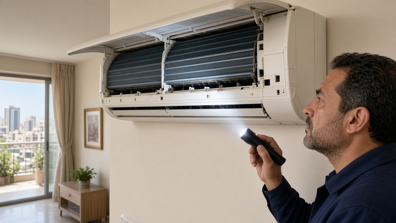 Open split AC indoor unit showing the blower and coil