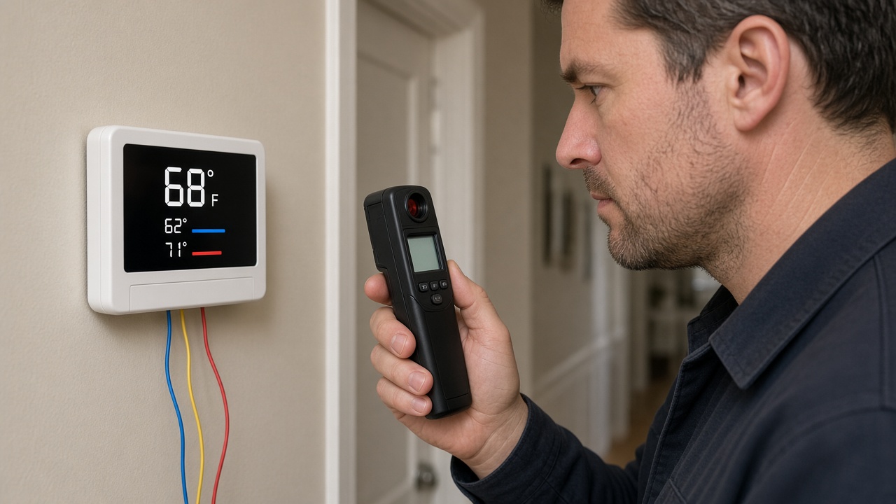 Technician comparing a wall thermostat with a handheld thermometer