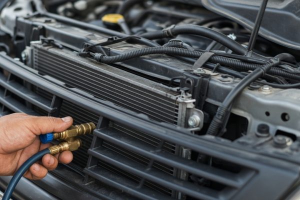 A condenser packed with sand behind the grille